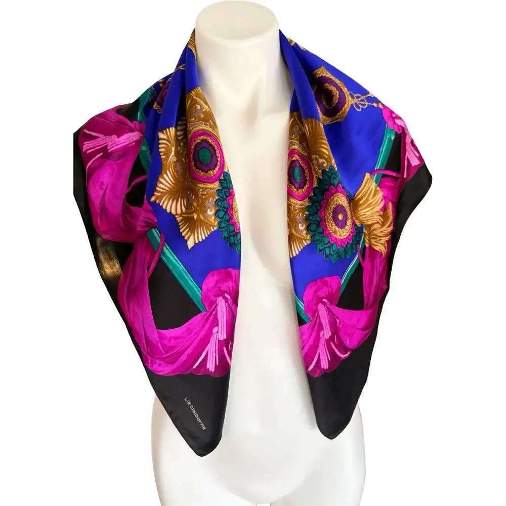 Vintage Liz Claiborne 1990s Silk Jewel Tone Tassel Medallion Scarf 31 x 31
